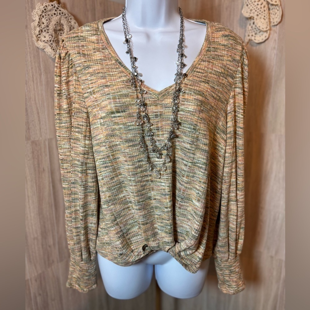 Democracy Tan Cream Army Green Peach Knit Blouse